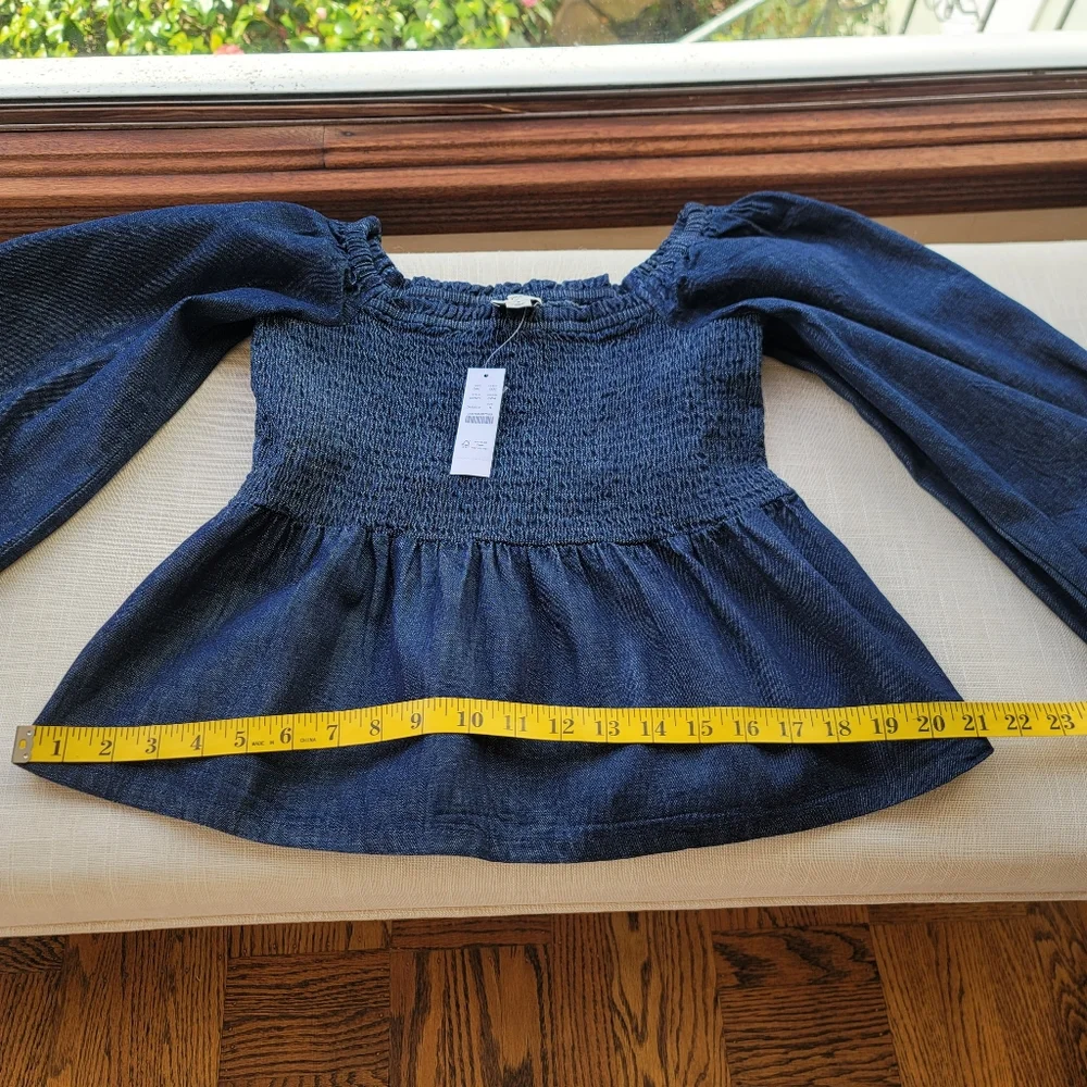 New! J. Crew sz Small S Denim Chambray Smocked Puff Long Sleeve Top NWT